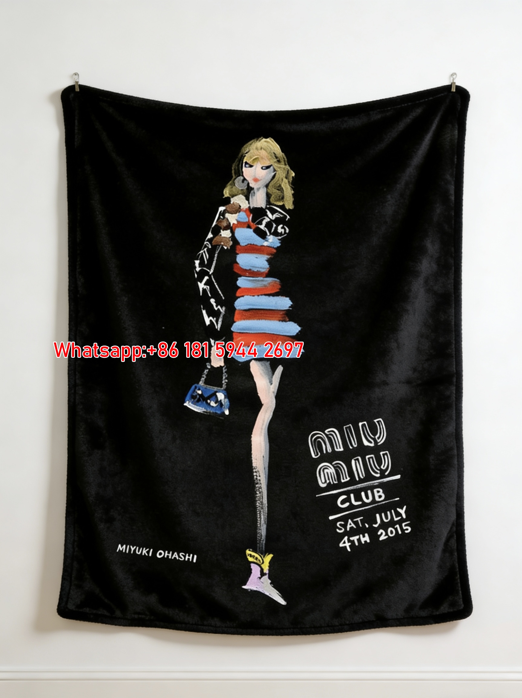 Miu Miu Red Blue & Black Striped Dress Fashion Illustration Flannel Throw Blanket IMG_0582